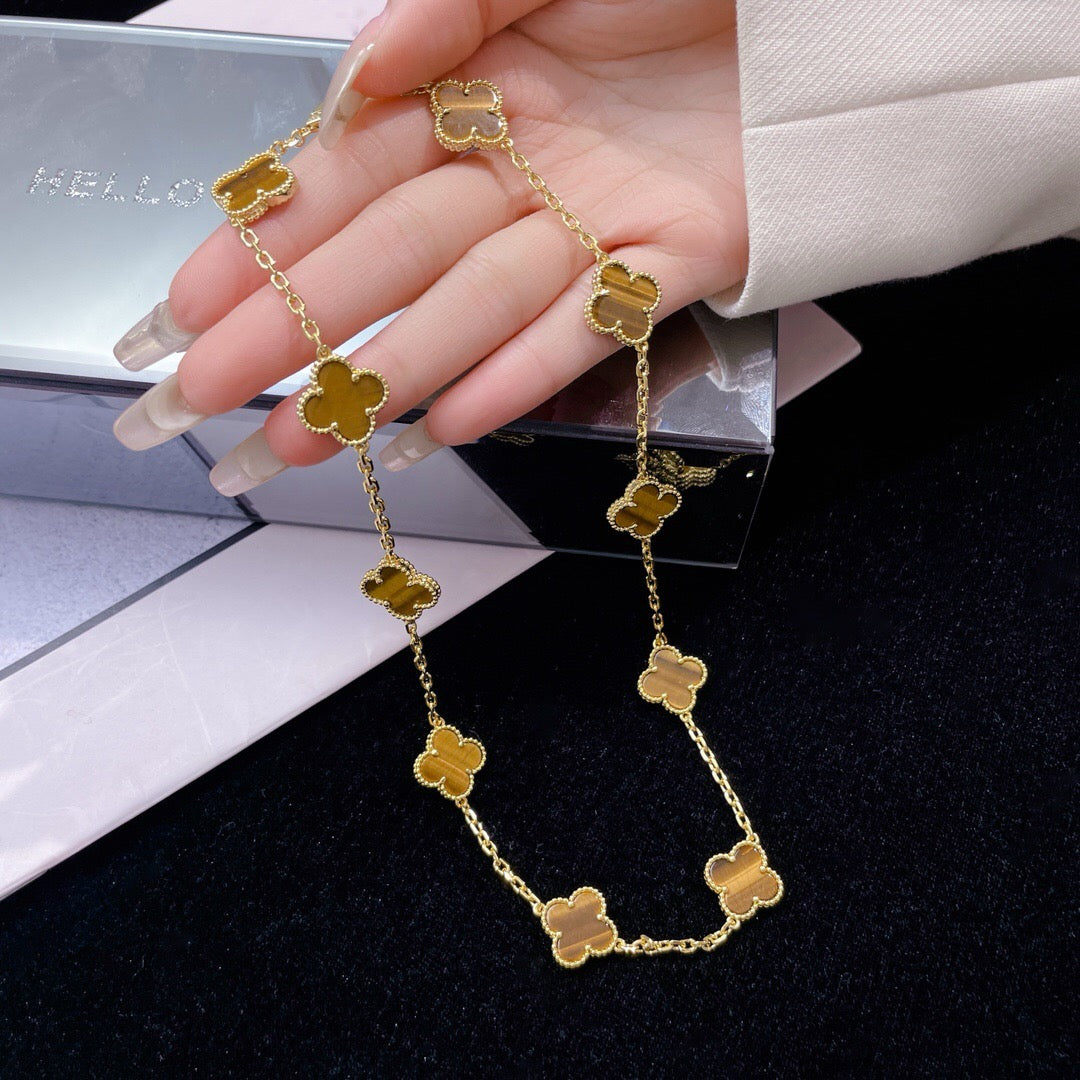 [Raffine]CLOVER 10 MOTIFS TIGER EYE NECKLACE